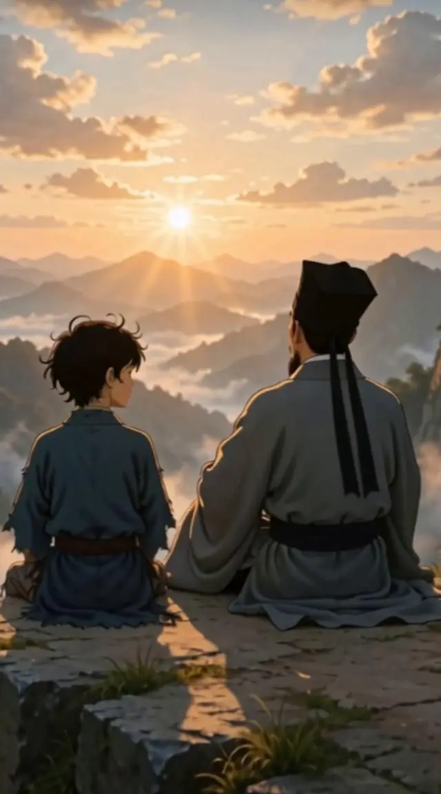 《王阳明与悬崖少年|2 分钟吉卜力风哲思治愈 AI 短剧 可定制复刻》 - 作品图 1